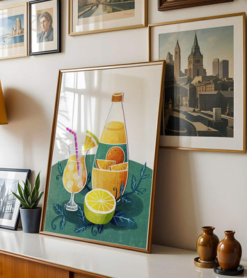 Colorful illustration of citrus drinks with bottle and glass