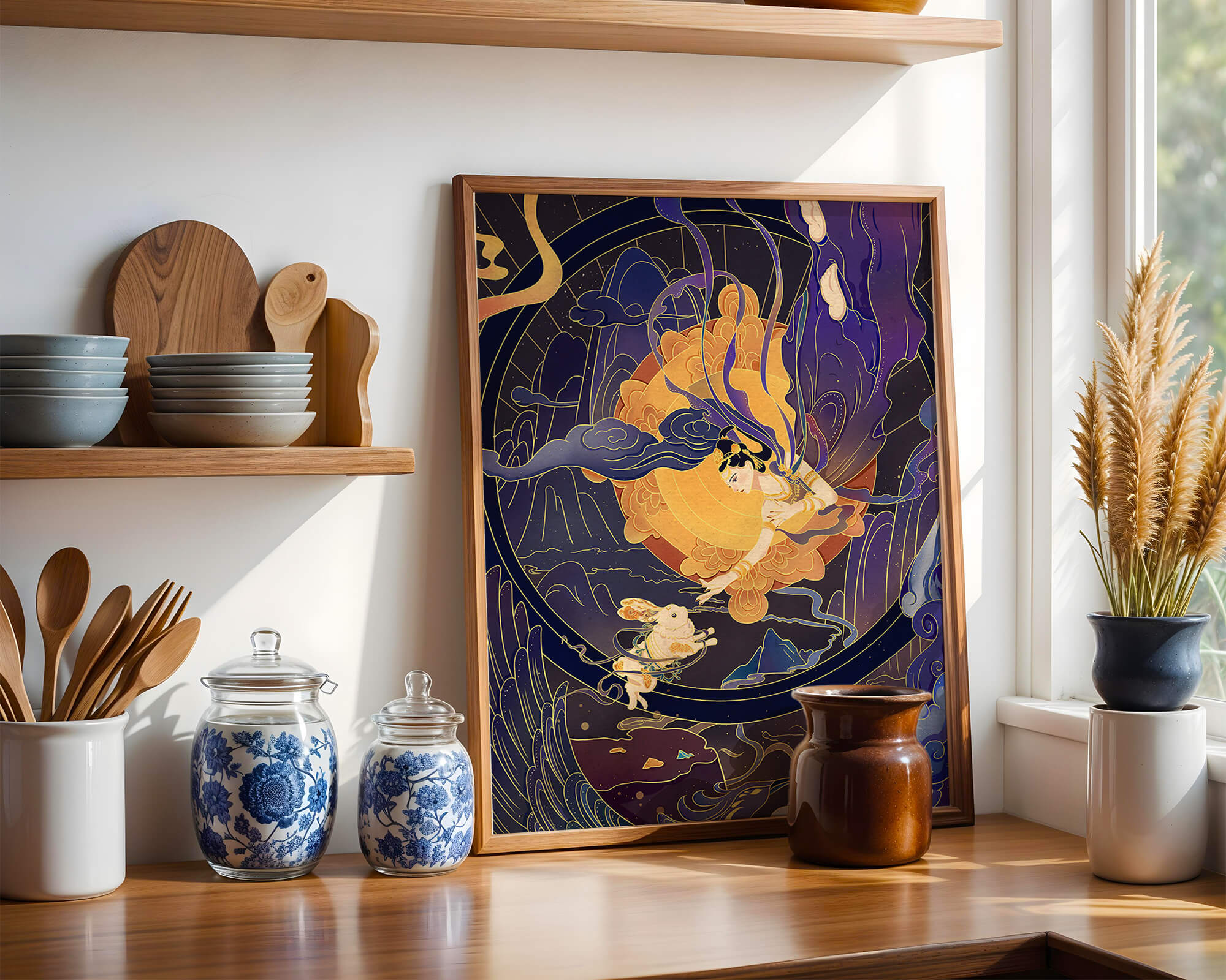 Elegant goddess reaching towards a celestial rabbit in a cosmic scene