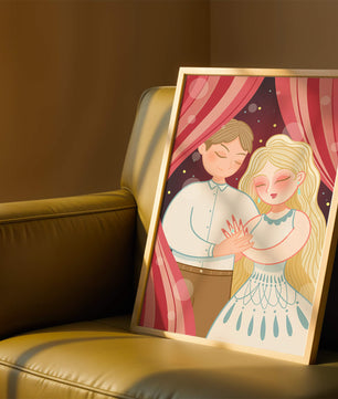 Pareja romántica bajo cortinas rojas con un tierno abrazo