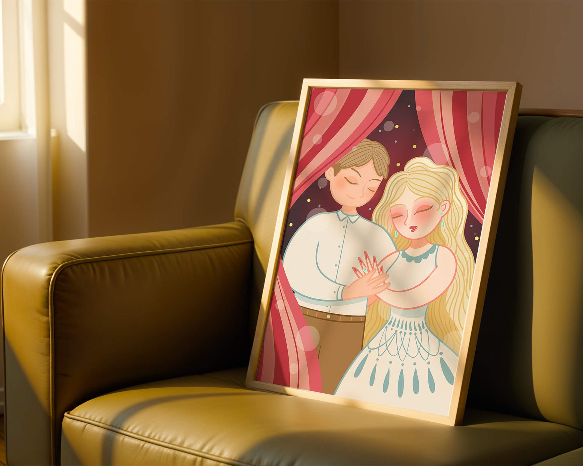 Romantic couple under red curtains with gentle embrace
