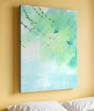 Serene Spring Scene with Birds and Leaves on a Light Blue Background