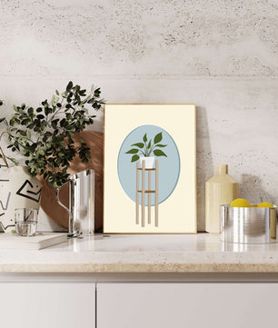 Illustration botanique moderne d'une plante en pot sur un support en bois