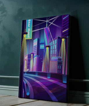 Futuristic Neon Cityscape with Illuminated Skyscrapers and Curved Road