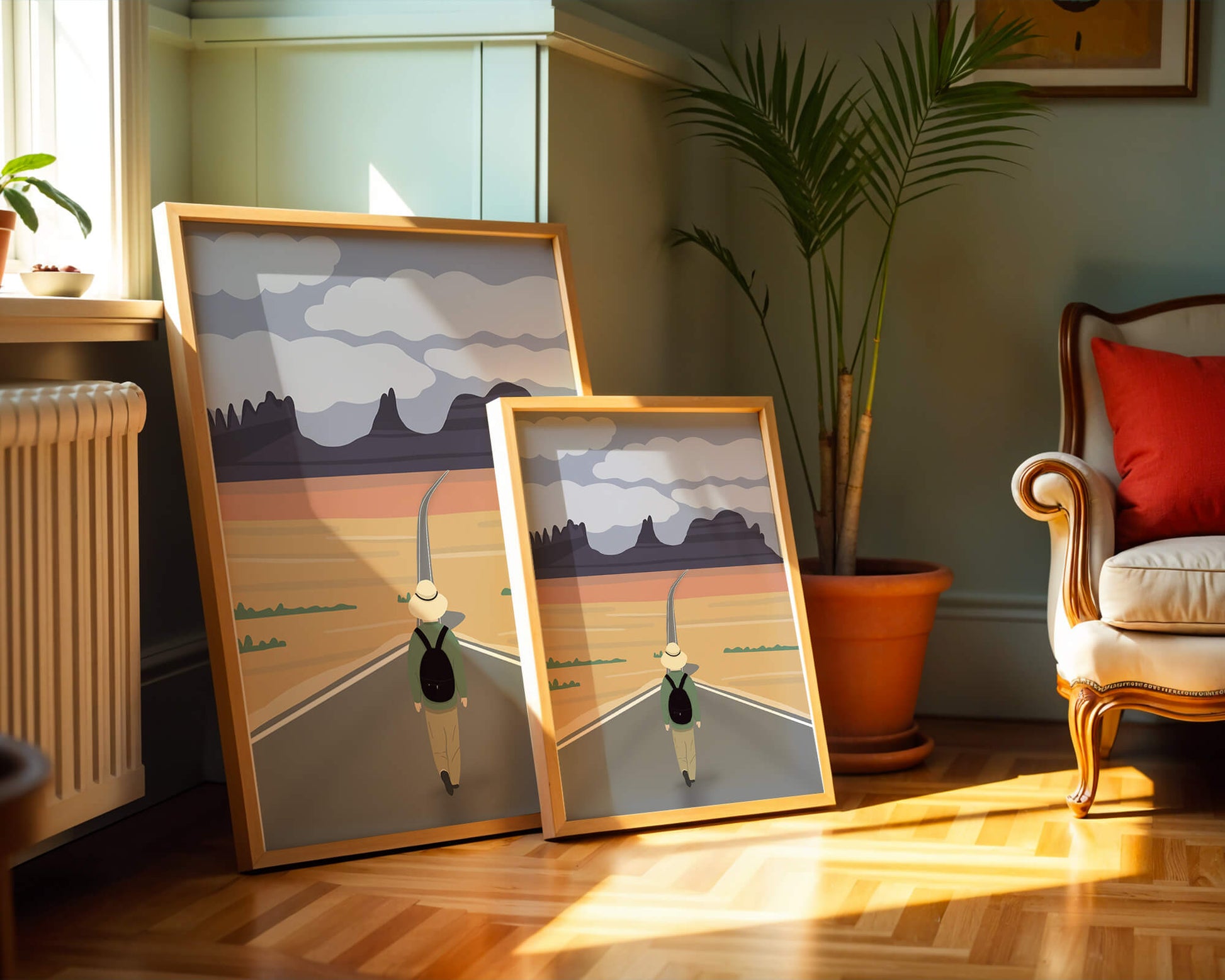 Traveler Walking on Endless Road Toward Mountains