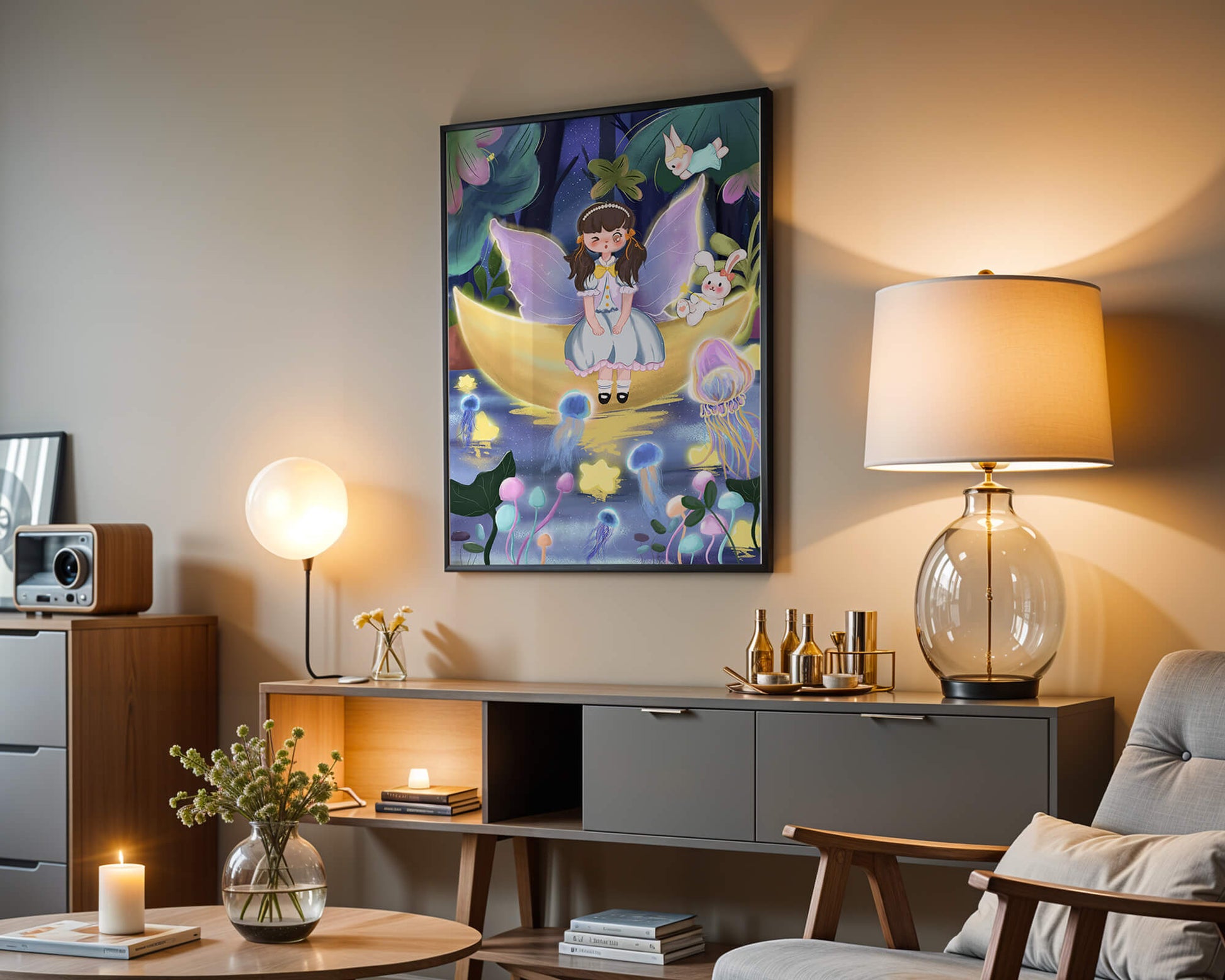 Enchanting fairy scene with glowing jellyfish and moon backdrop