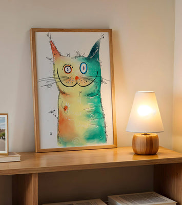Artistic watercolor cat illustration with vibrant colors