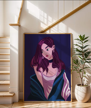 Illustration d'une fille élégante aux cheveux violets et à la veste bleue