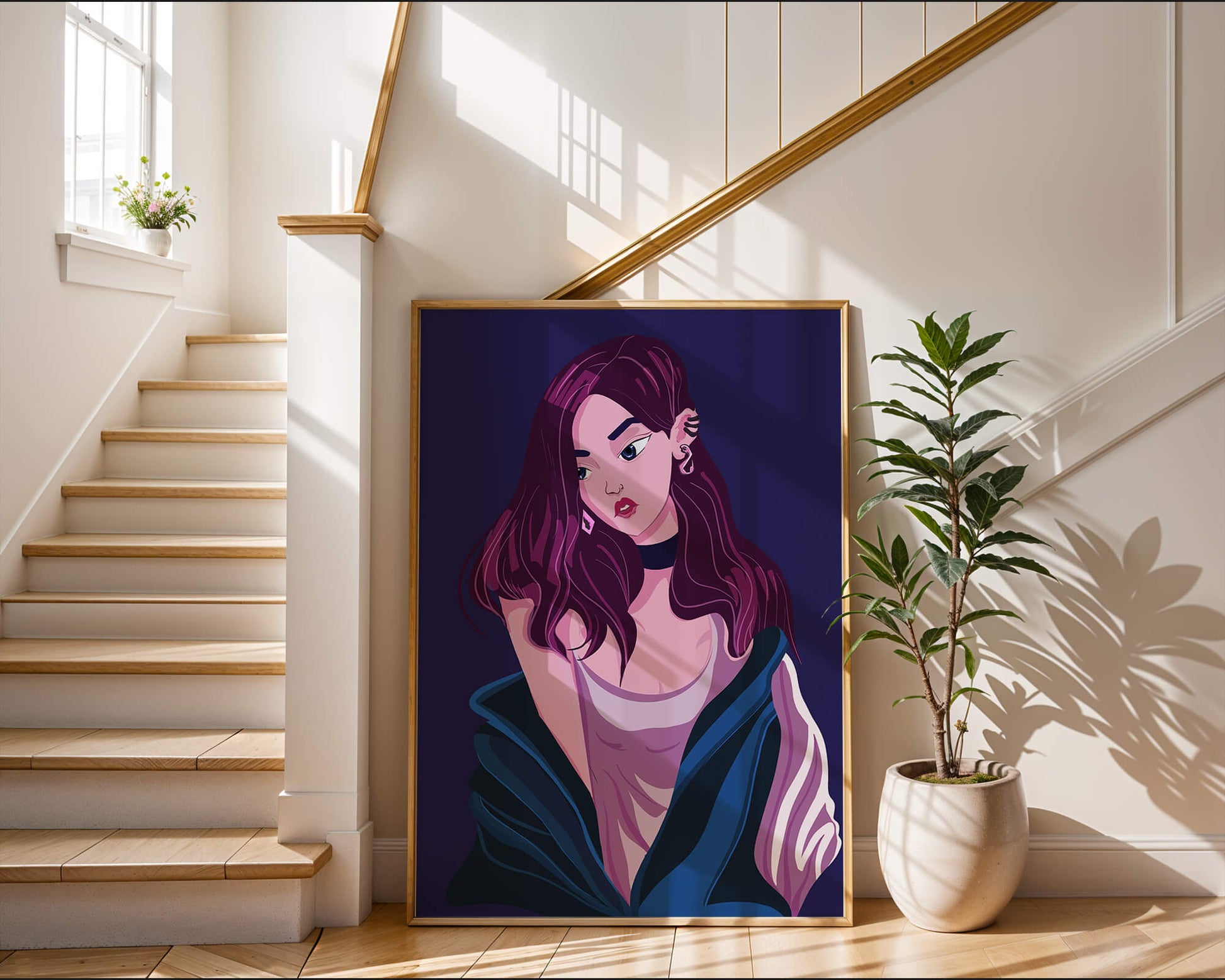 Stylish girl with purple hair and a blue jacket illustration