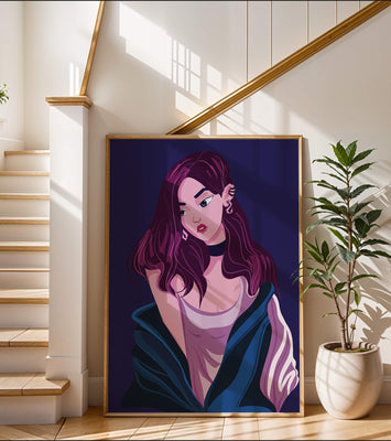 Stylish girl with purple hair and a blue jacket illustration
