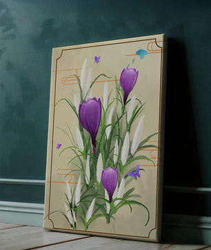 Elegant Crocus Flowers with Butterflies in a Delicate Frame