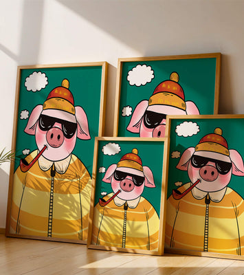 Stylish pig with sunglasses and pipe against a teal sky