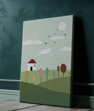 Minimalist Landscape with Colorful Trees and House