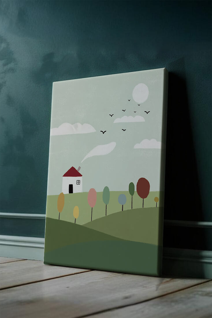Minimalist Landscape with Colorful Trees and House