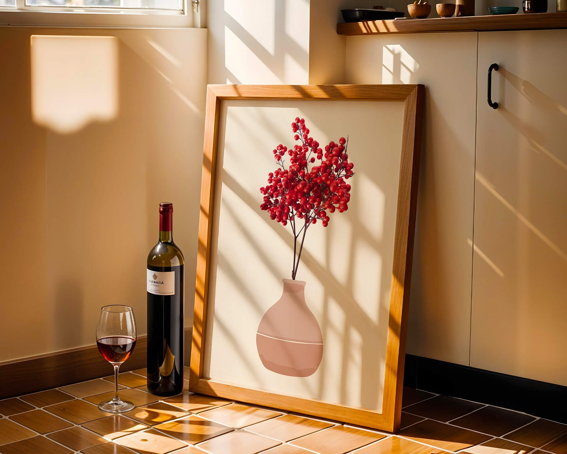 Red berries in minimalist clay vase on neutral background