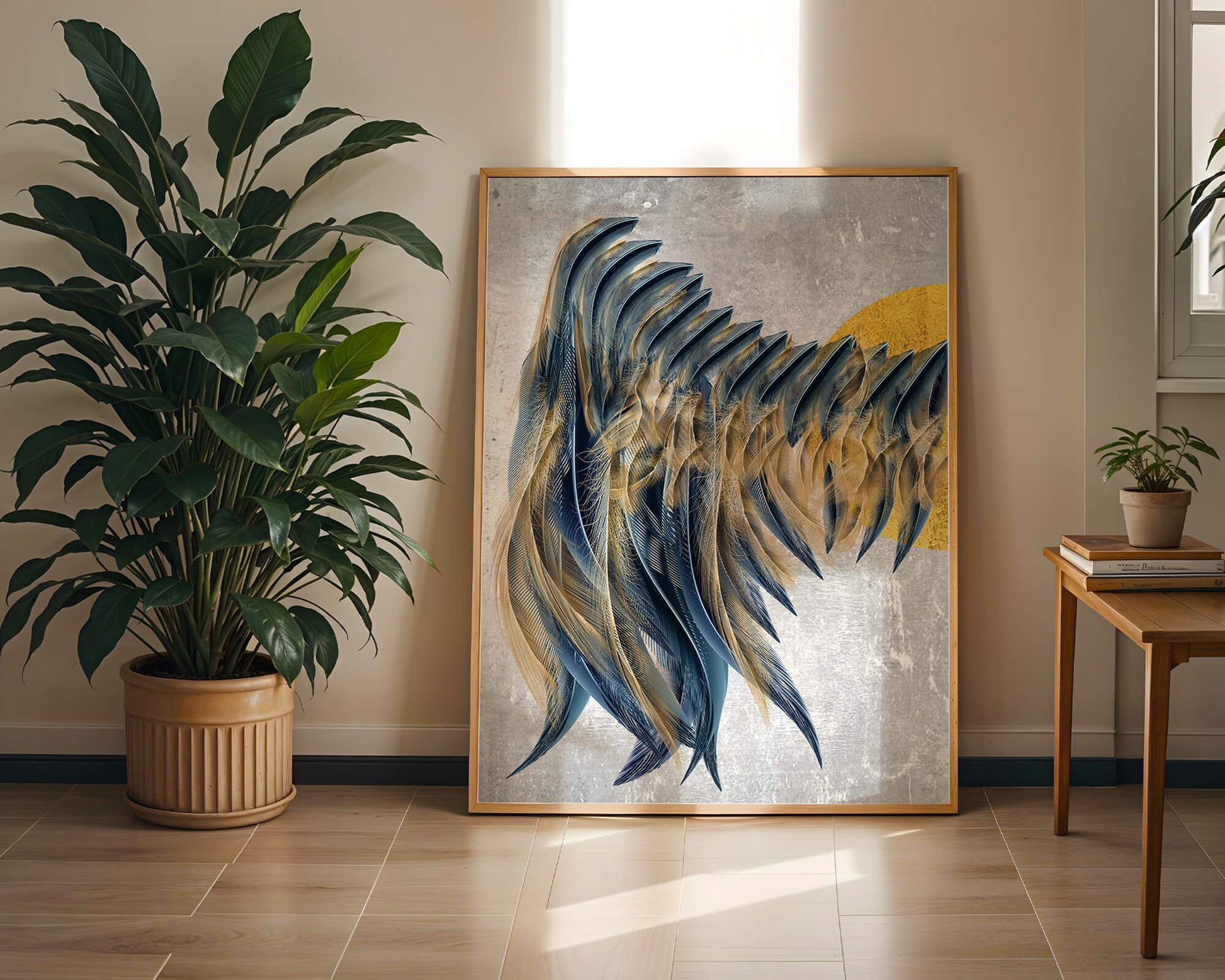 Arte abstracto de plumas con detalles dorados sobre fondo texturizado