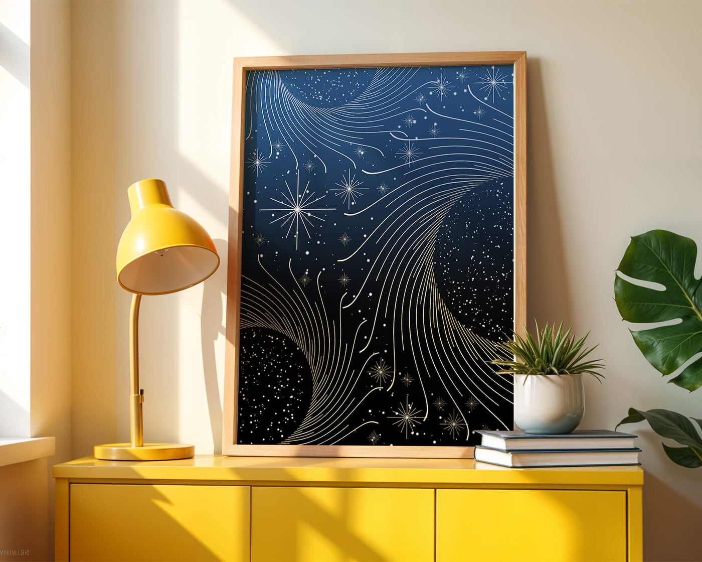 Elegant starry night with golden cosmic swirls