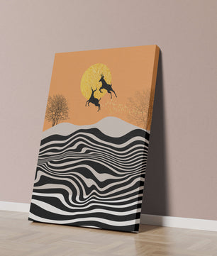 Abstract landscape with jumping deer and golden sun