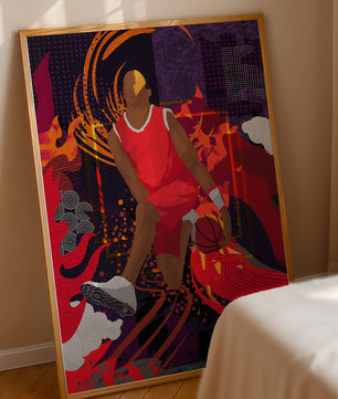 Ilustración dinámica de un jugador de baloncesto en movimiento con patrones abstractos