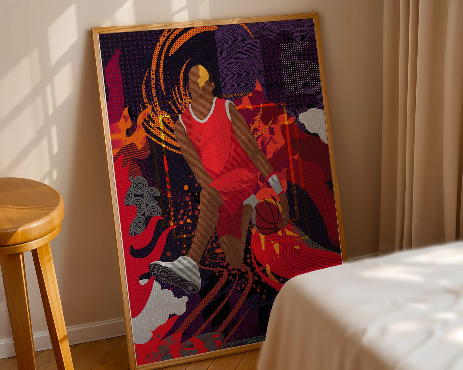 Dynamic illustration of a basketball player in motion with abstract patterns