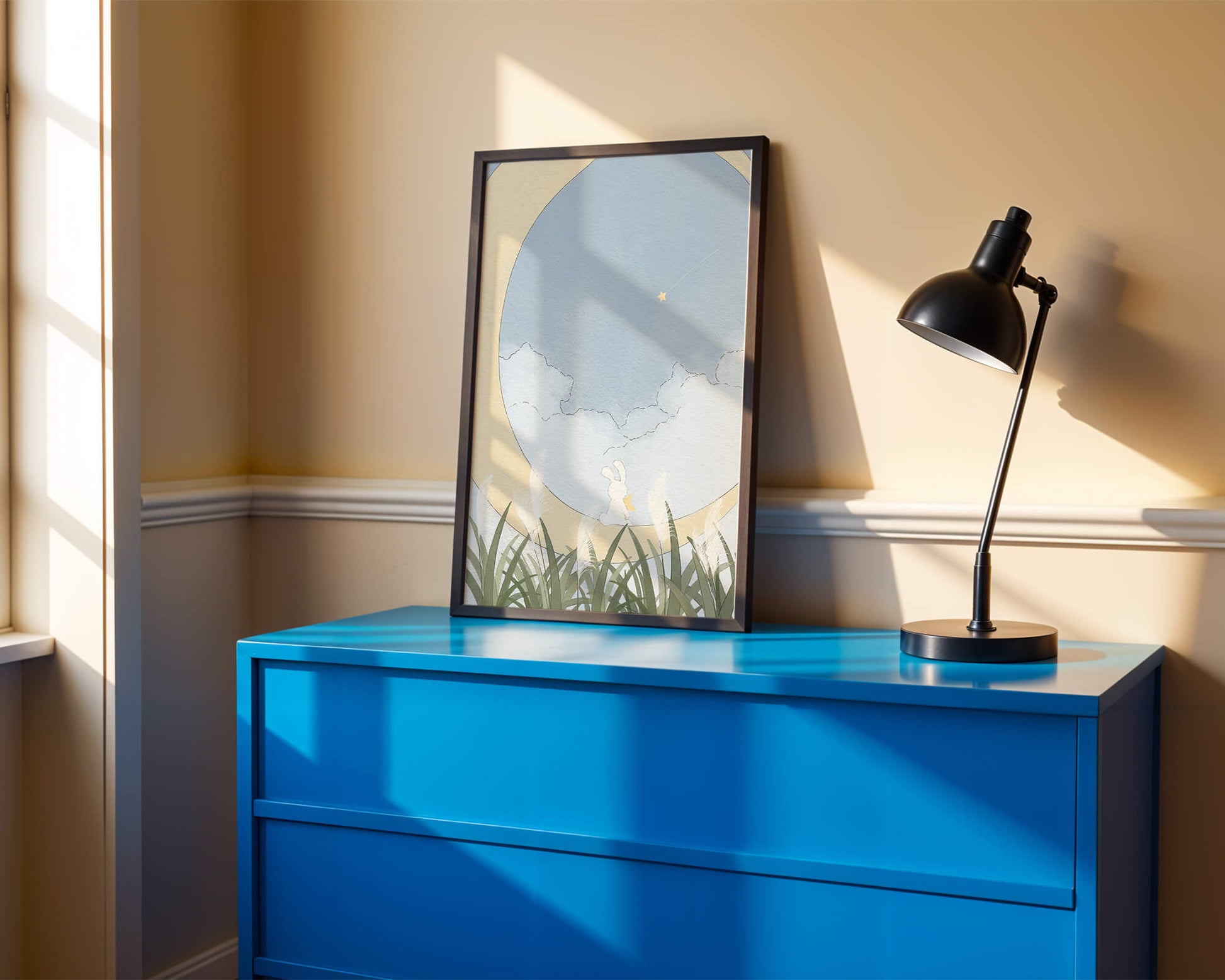 Dreamy Rabbit Sitting on Crescent Moon with Star and Clouds in Sky