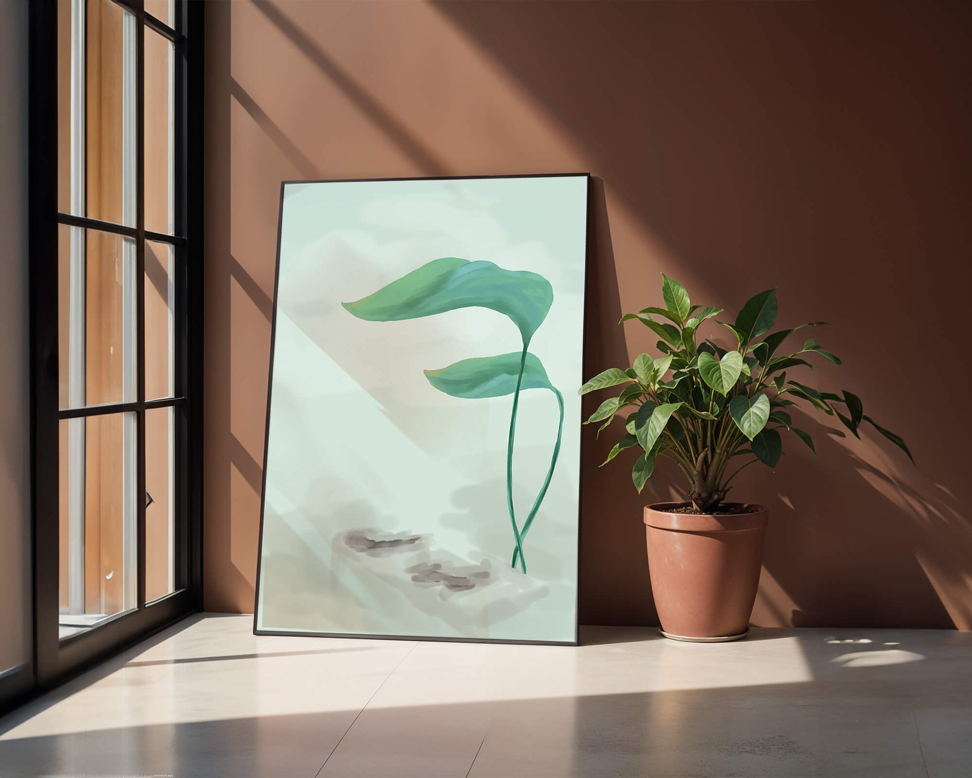 Minimalistic Art of Green Leaves on Abstract Background