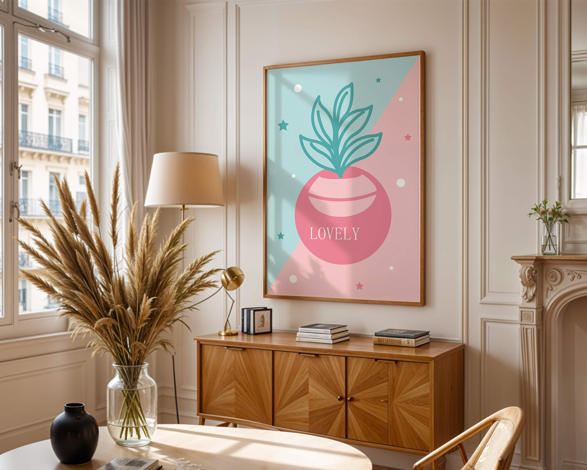 Playful pastel illustration with plant motif and stars