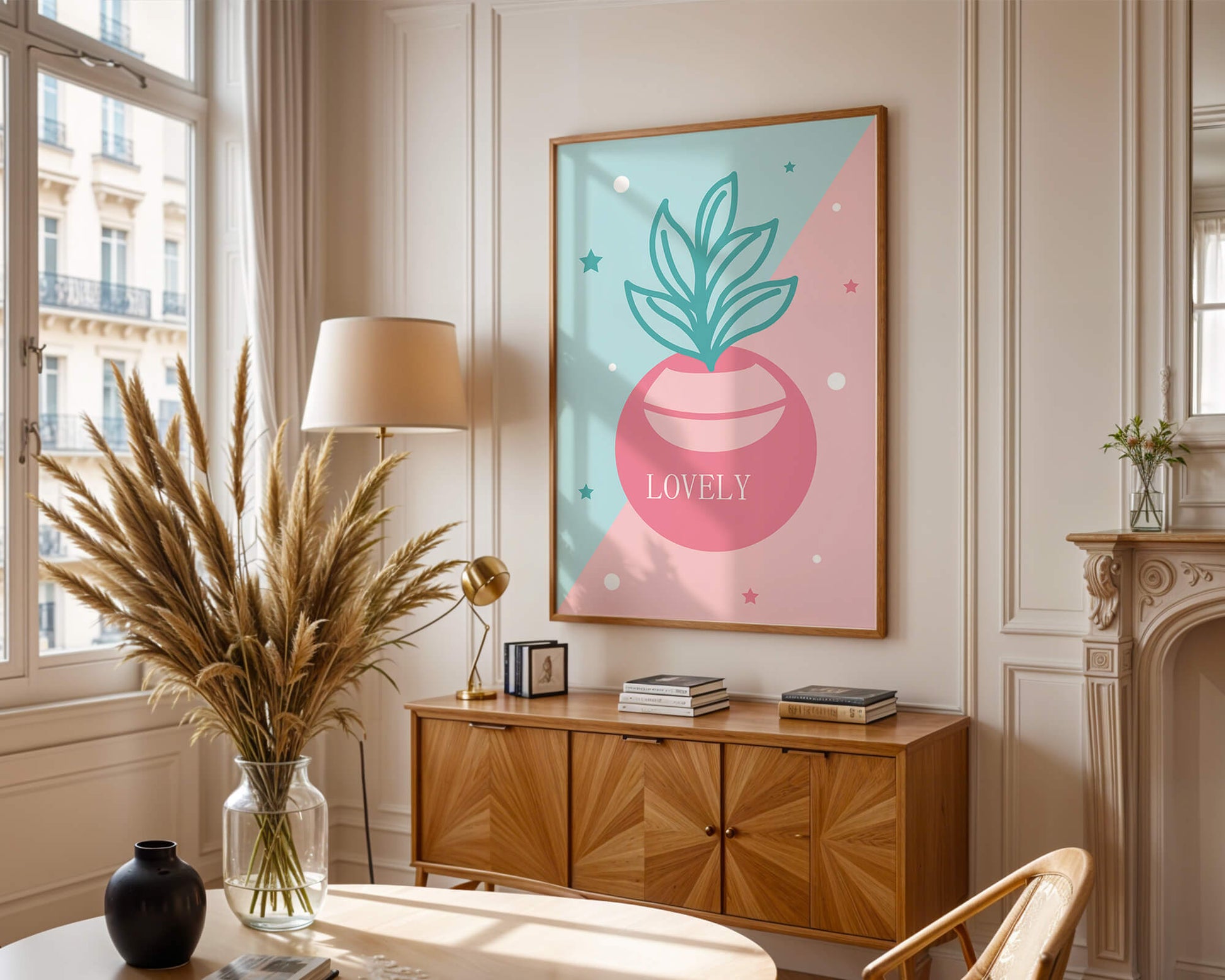 Playful pastel illustration with plant motif and stars