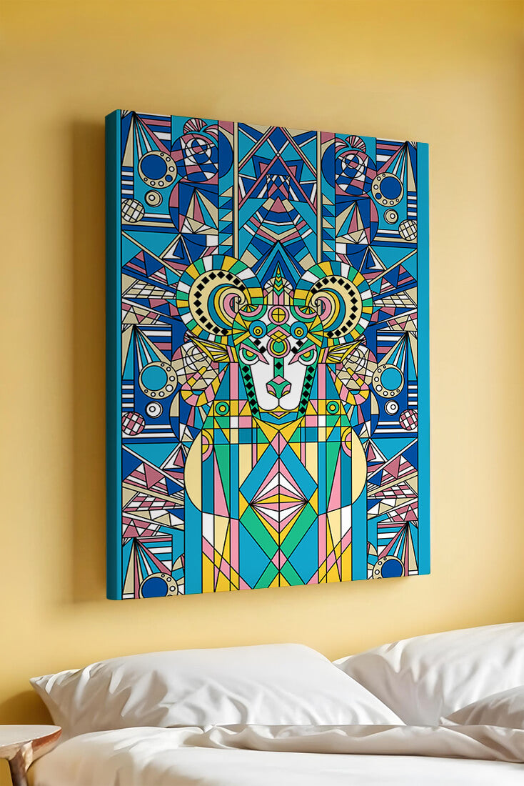 Diseño geométrico colorido de carnero con patrones simétricos