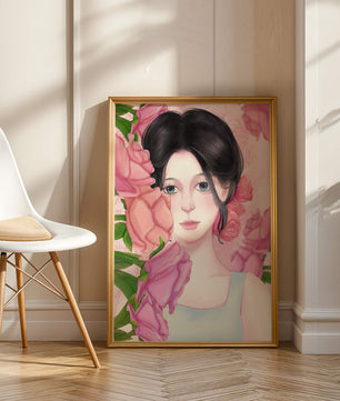 Illustration d'une femme entourée de roses roses