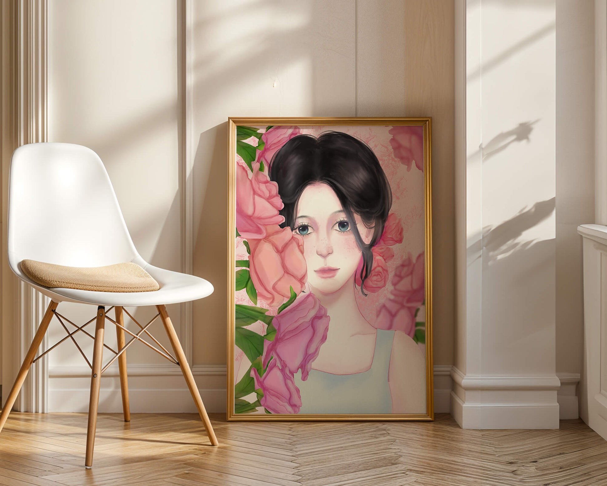Illustration of a woman surrounded by pink roses