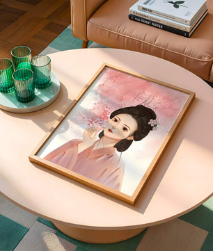 Femme japonaise traditionnelle avec des fleurs de cerisier roses en arrière-plan