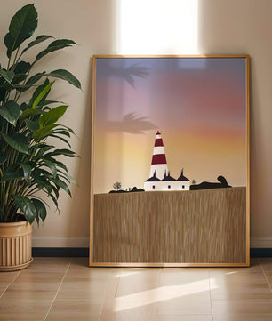 Lighthouse at Dusk with Colorful Sky and Field Landscape