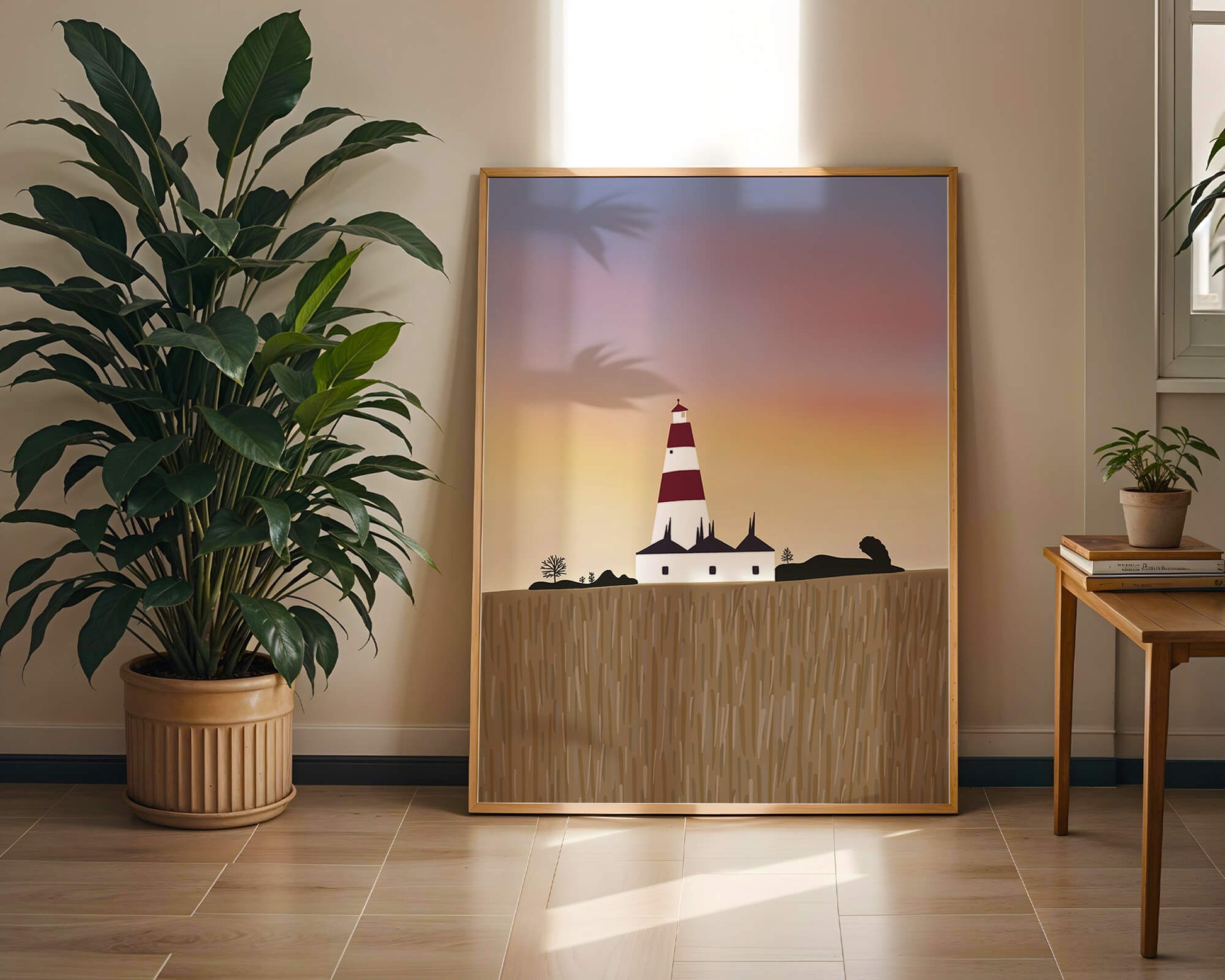 Lighthouse at Dusk with Colorful Sky and Field Landscape
