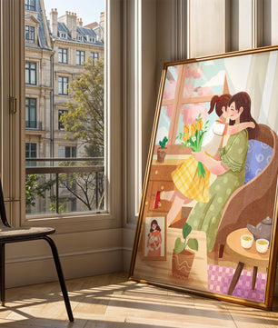 Mother and Daughter Embracing by the Window with Flowers