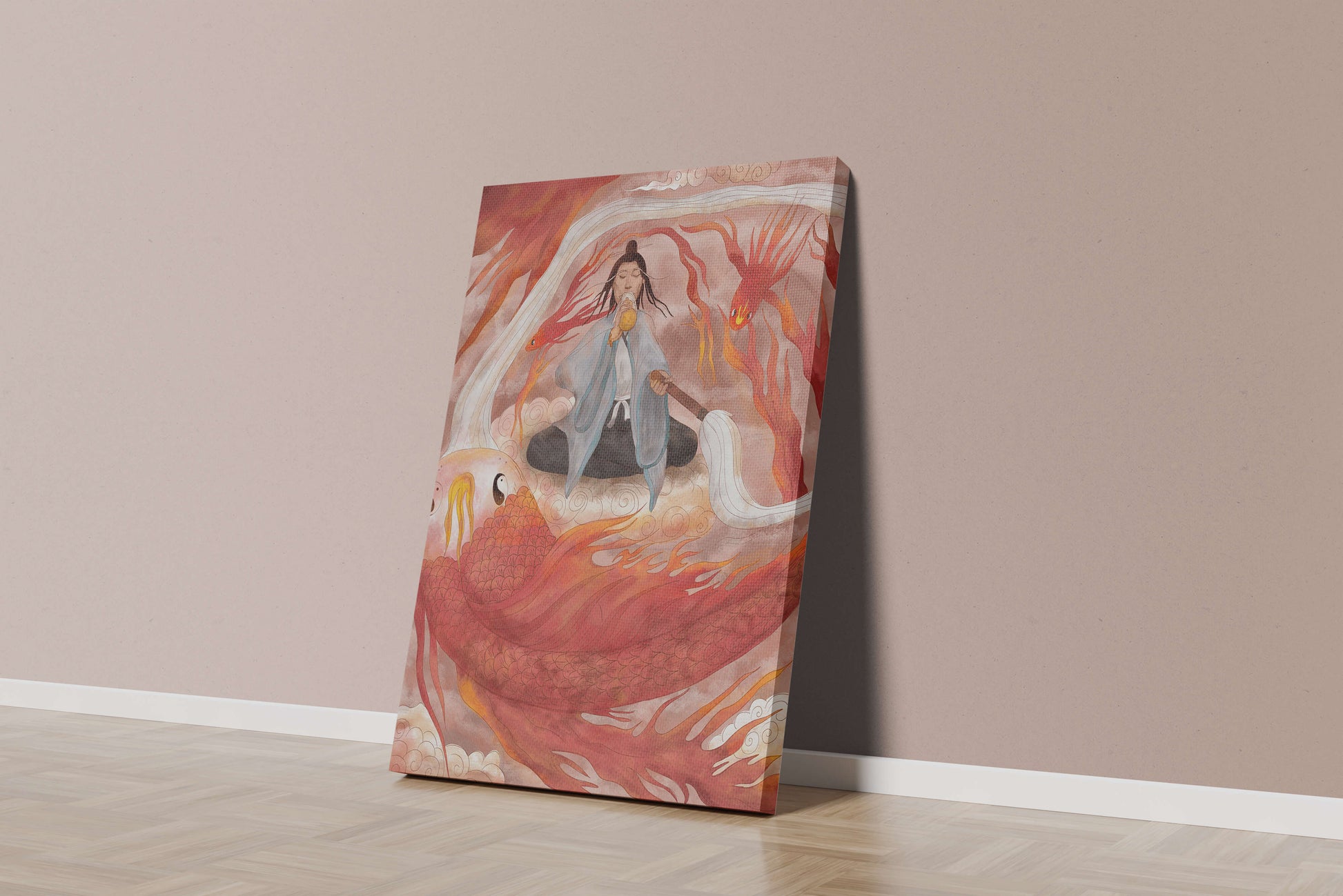 Serene meditation with mystical elements and mythical creatures
