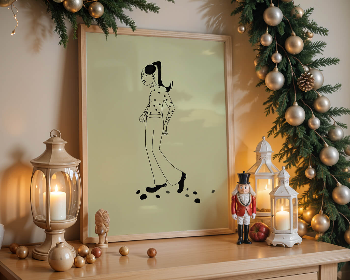Illustration of a person walking in a polka dot shirt with ponytail