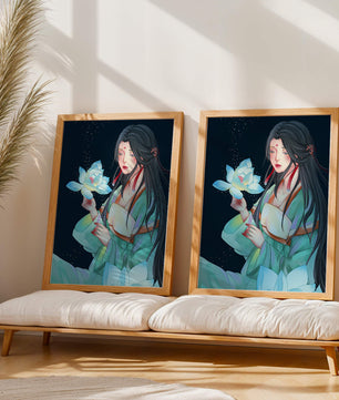 Elegant Woman Holding Glowing Lotus in Tranquil Nightscape
