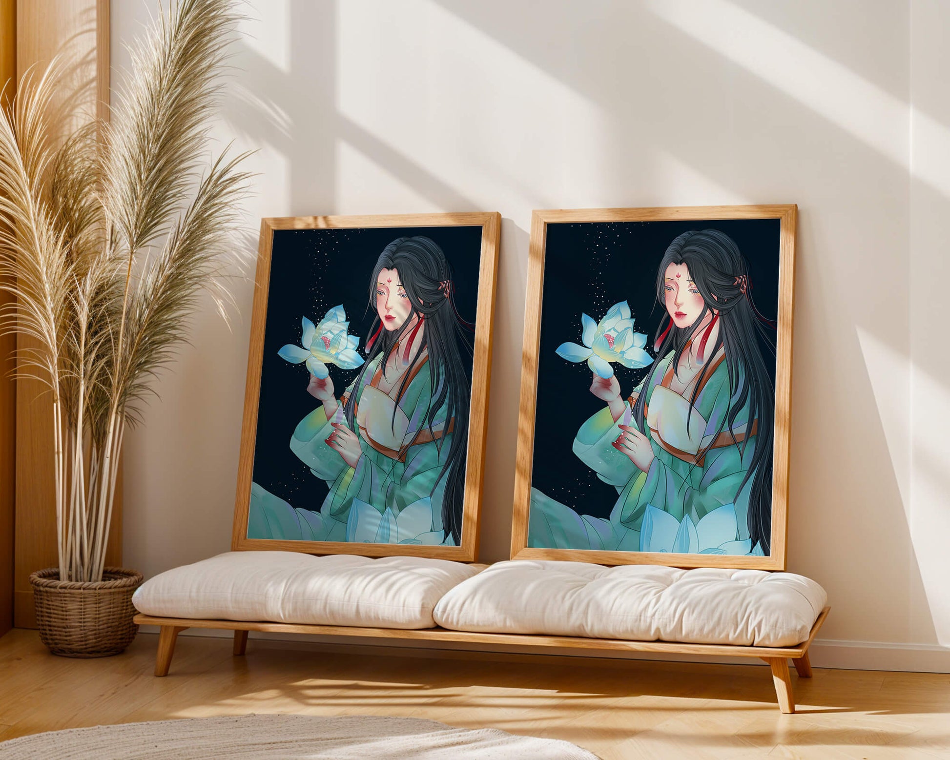 Elegant Woman Holding Glowing Lotus in Tranquil Nightscape