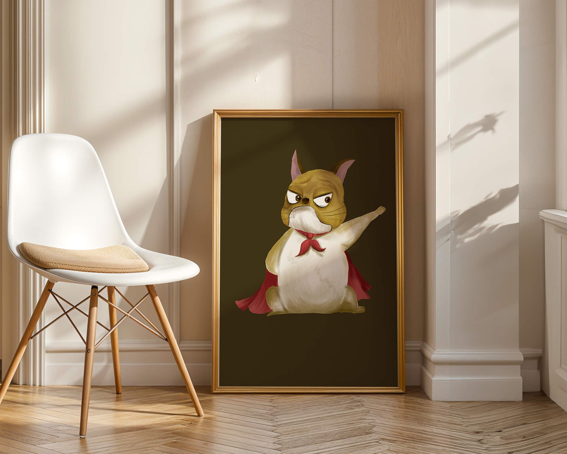 Cartoon superhero dog with red cape illustrating playful strength