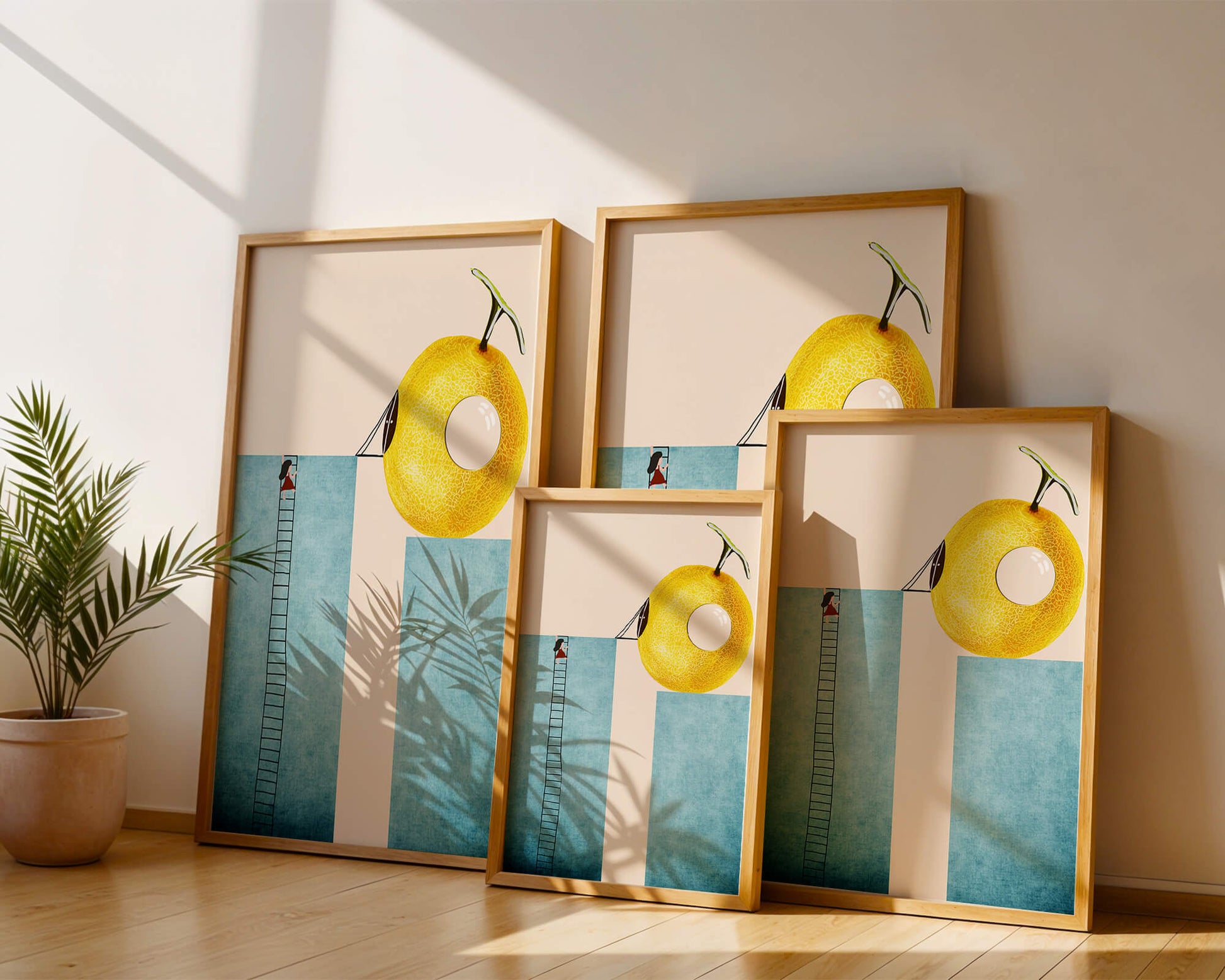 Woman Climbing Ladder towards Giant Yellow Fruit