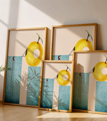Woman Climbing Ladder towards Giant Yellow Fruit
