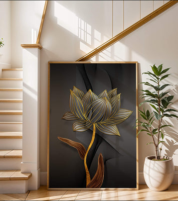 Golden Lotus Flower On Abstract Grey Background