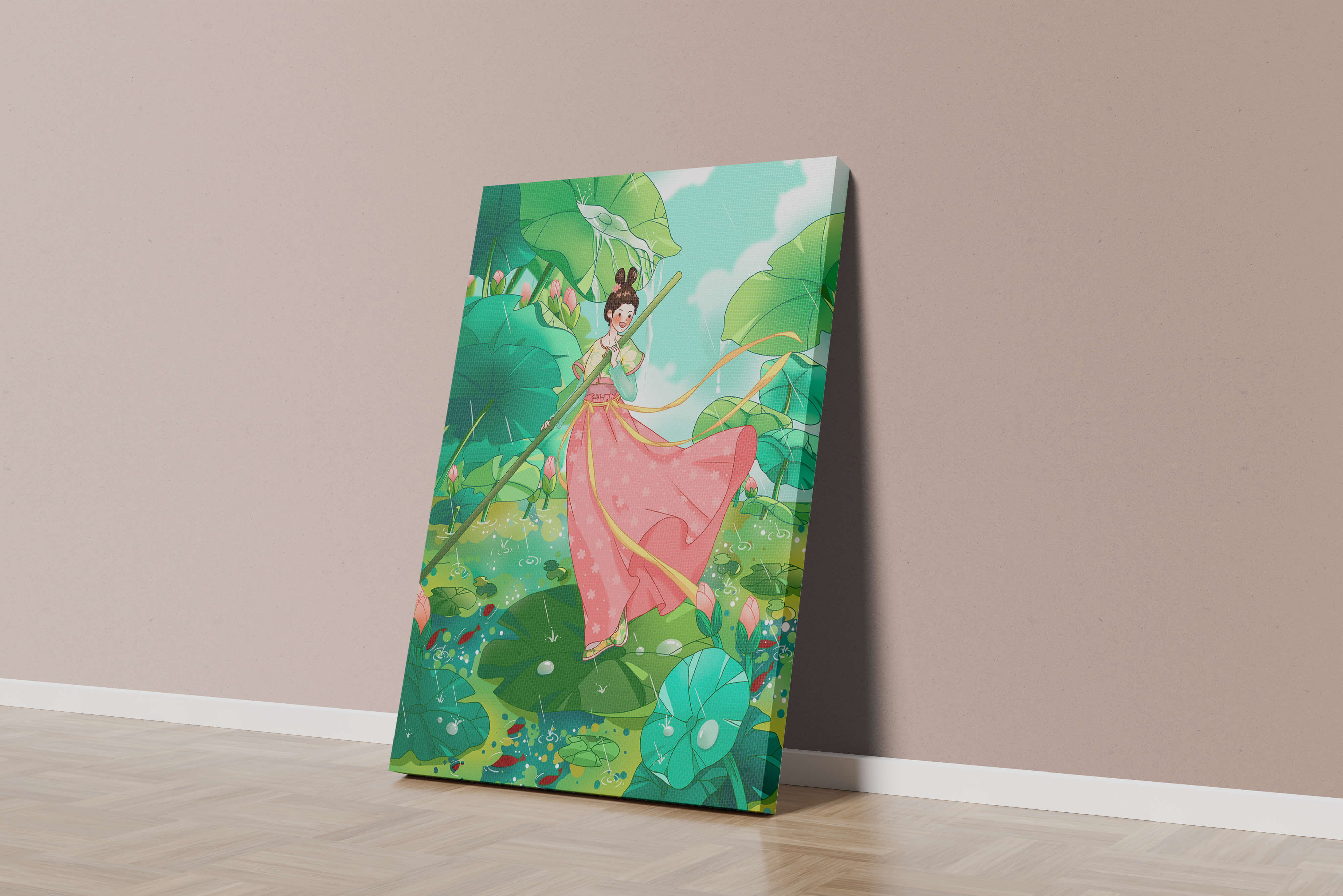 A whimsical scene of a girl in traditional dress among vibrant lotus leaves