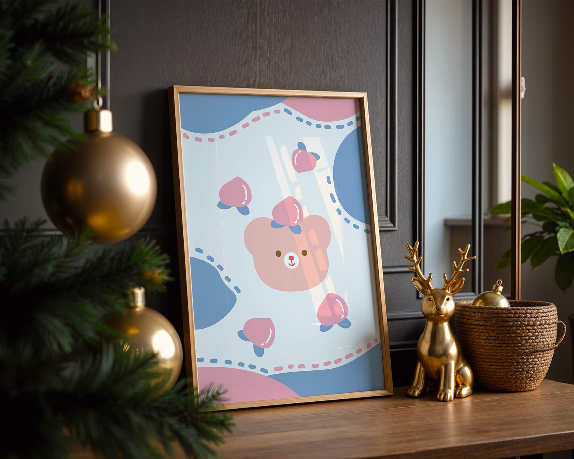 Adorable pastel bear with peaches and dotted background