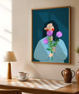 Illustration of a woman with purple flowers on a teal background