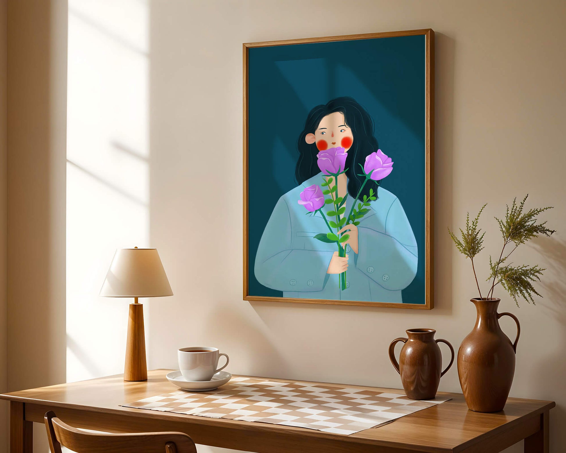 Illustration of a woman with purple flowers on a teal background
