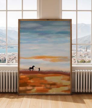 Serene landscape with cowboy and horse under vast sky