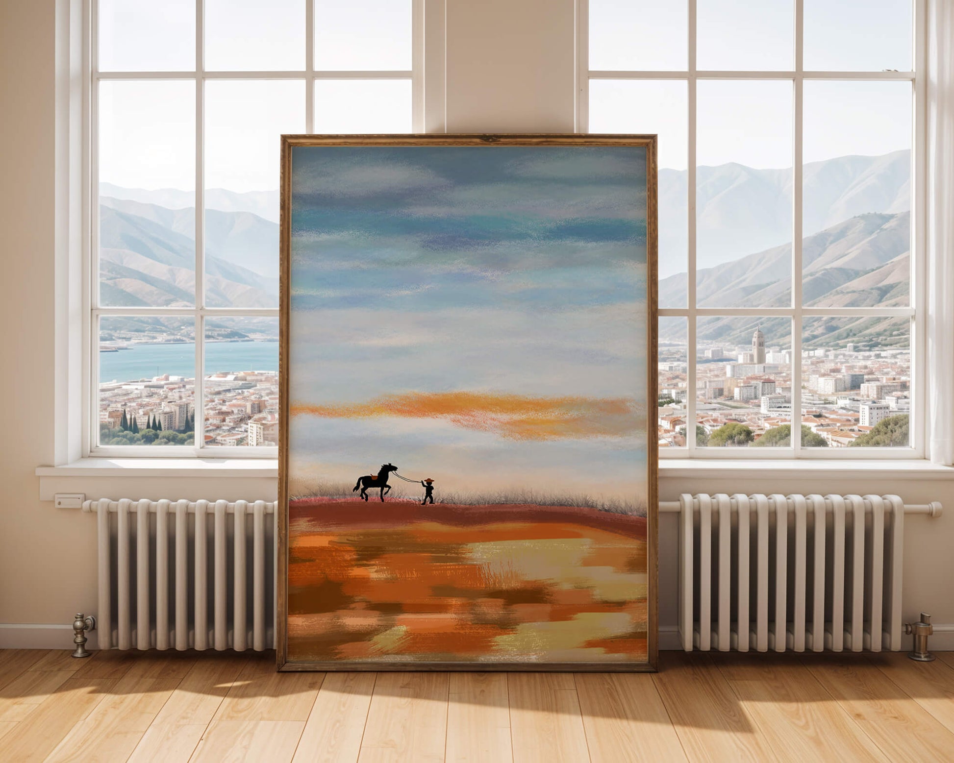 Serene landscape with cowboy and horse under vast sky