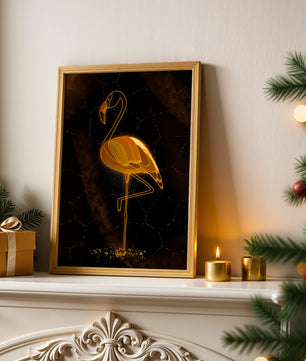 Elegant golden flamingo on abstract dark background