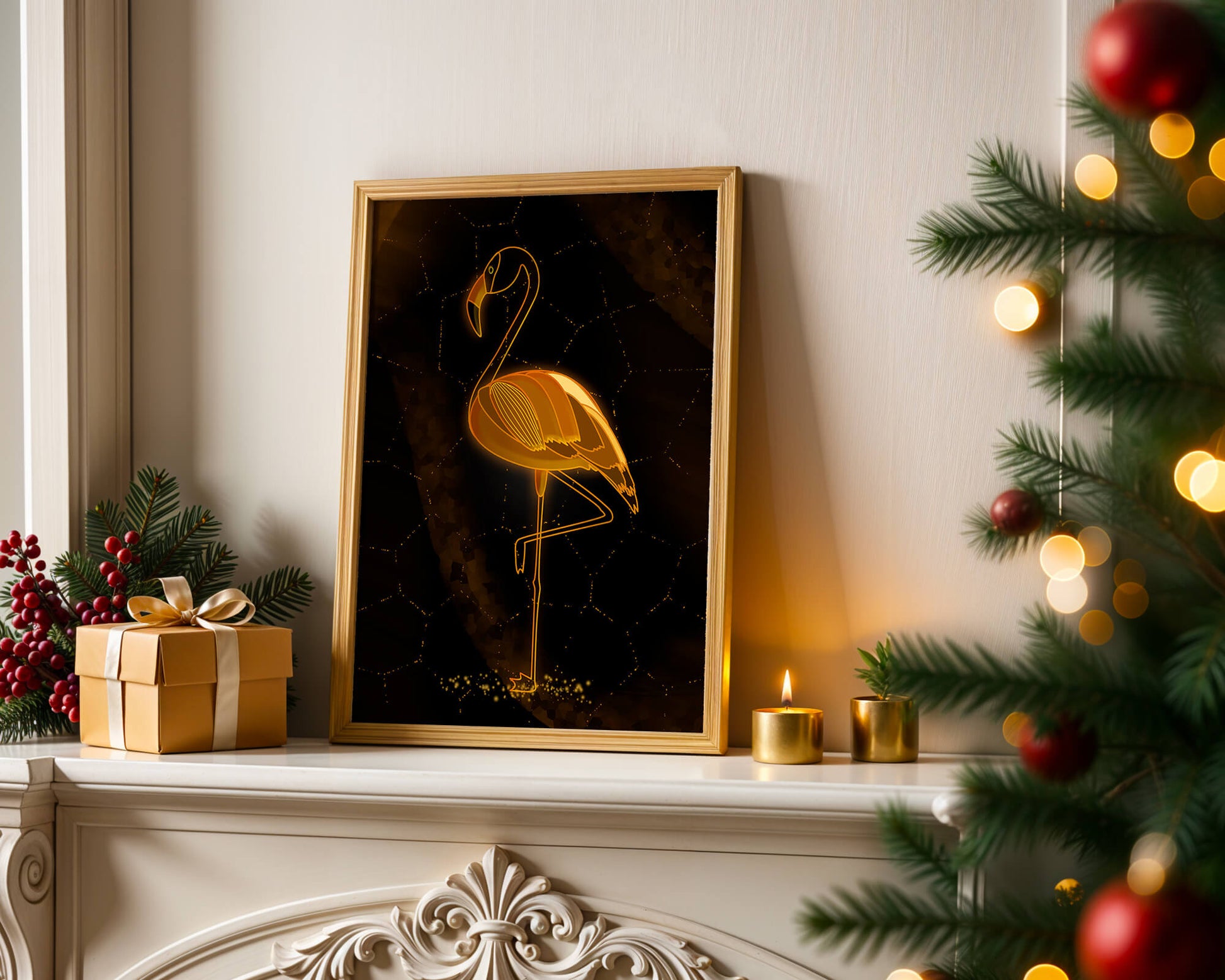 Elegant golden flamingo on abstract dark background